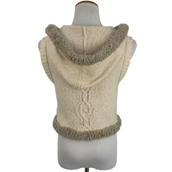 Vtg Y2K Old Navy Cream Cable Knit Faux Shearling Trim Hooded Boho Sweater Vest L - Picture 8 of 16